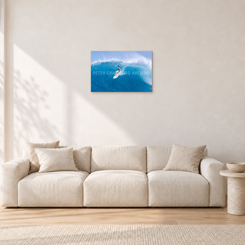 Kong, Sunset Beach 1980s by Peter Crawford — 60 × 40 cm, aluminium-mounted resin print, shown in a light minimalist living room.