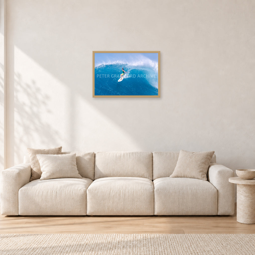 Kong, Sunset Beach 1980s by Peter Crawford — 60 × 40 cm, hayseed frame, shown in a light minimalist living room.