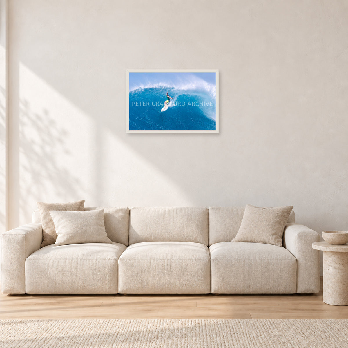 Kong, Sunset Beach 1980s by Peter Crawford — 60 × 40 cm, white frame, shown in a light minimalist living room.