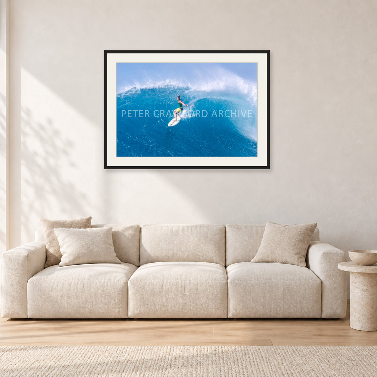 Kong, Sunset Beach 1980s by Peter Crawford — 90 × 60 cm, black frame with white mat, shown in a light minimalist living room.