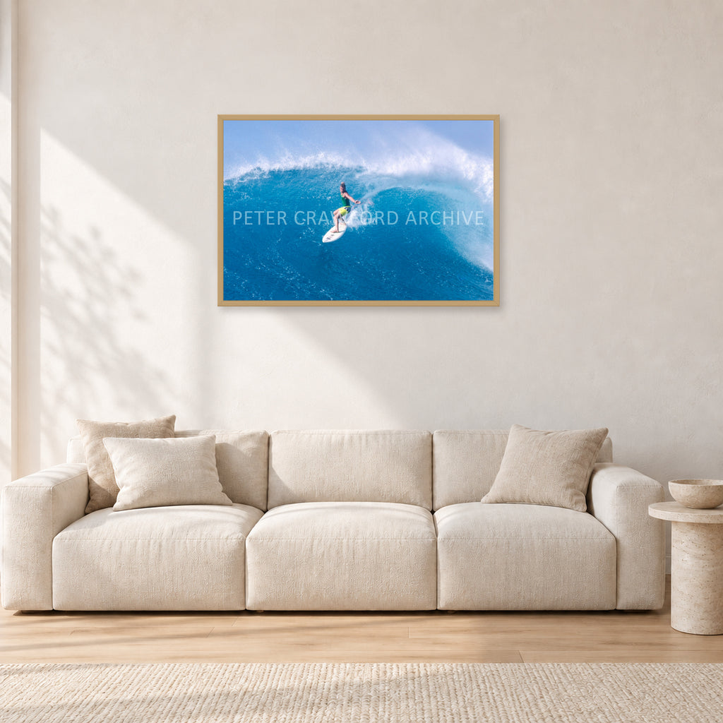 Kong, Sunset Beach 1980s by Peter Crawford — 90 × 60 cm, hayseed frame, shown in a light minimalist living room.