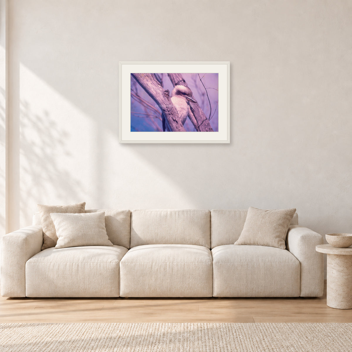 Kookaburra, 1975 by Peter Crawford — 60 × 40 cm, white frame with white mat, shown in a light minimalist living room.