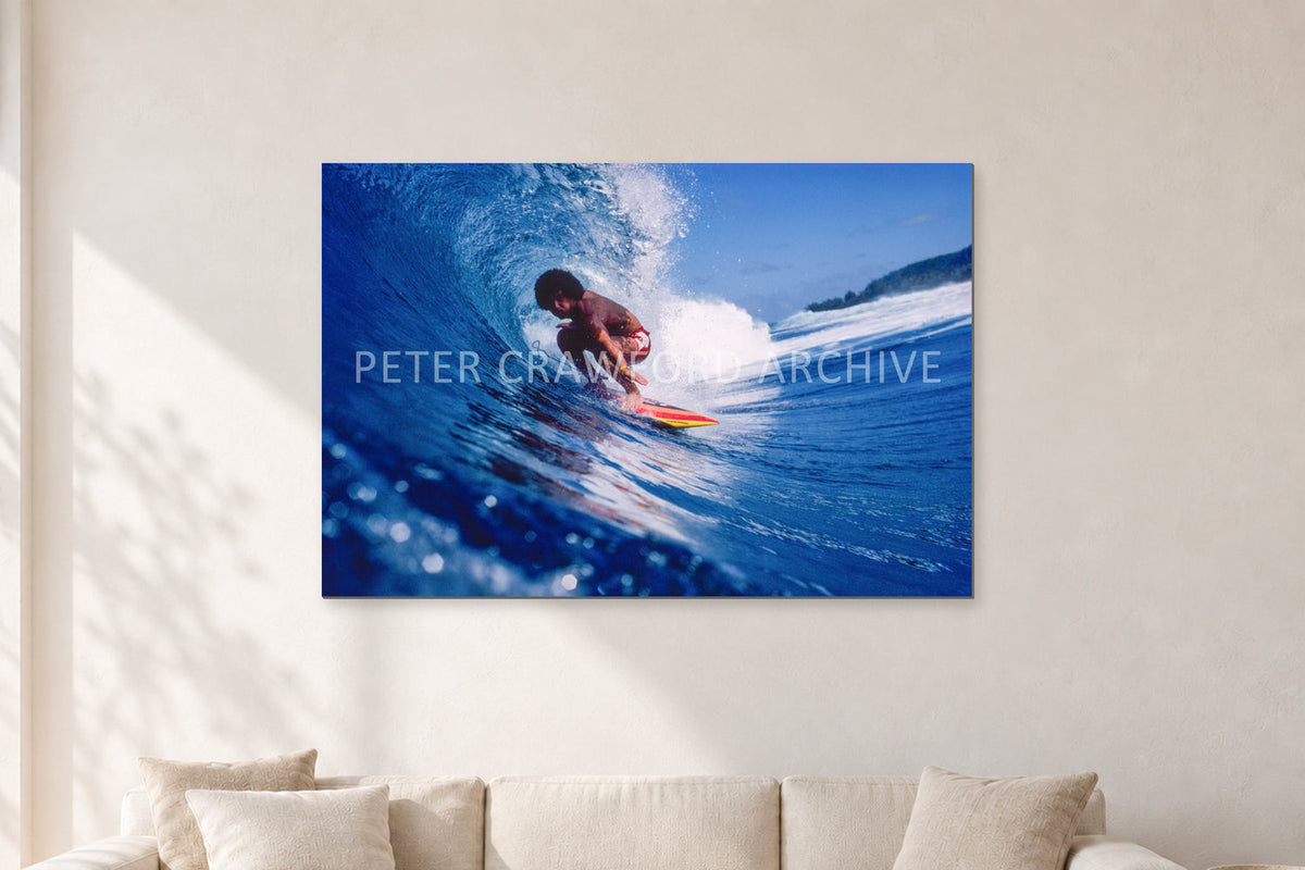 Larry Bertlemann, Off The Wall by Peter Crawford — 120 × 80 cm, aluminium-mounted resin print, shown in a light minimalist living room.