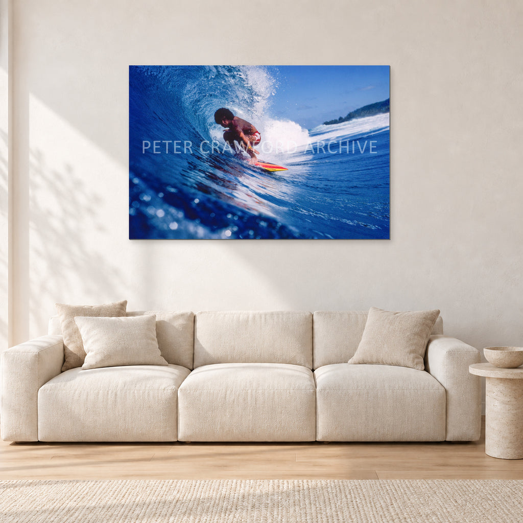 Larry Bertlemann, Off The Wall by Peter Crawford — 120 × 80 cm, aluminium-mounted resin print, shown in a light minimalist living room.