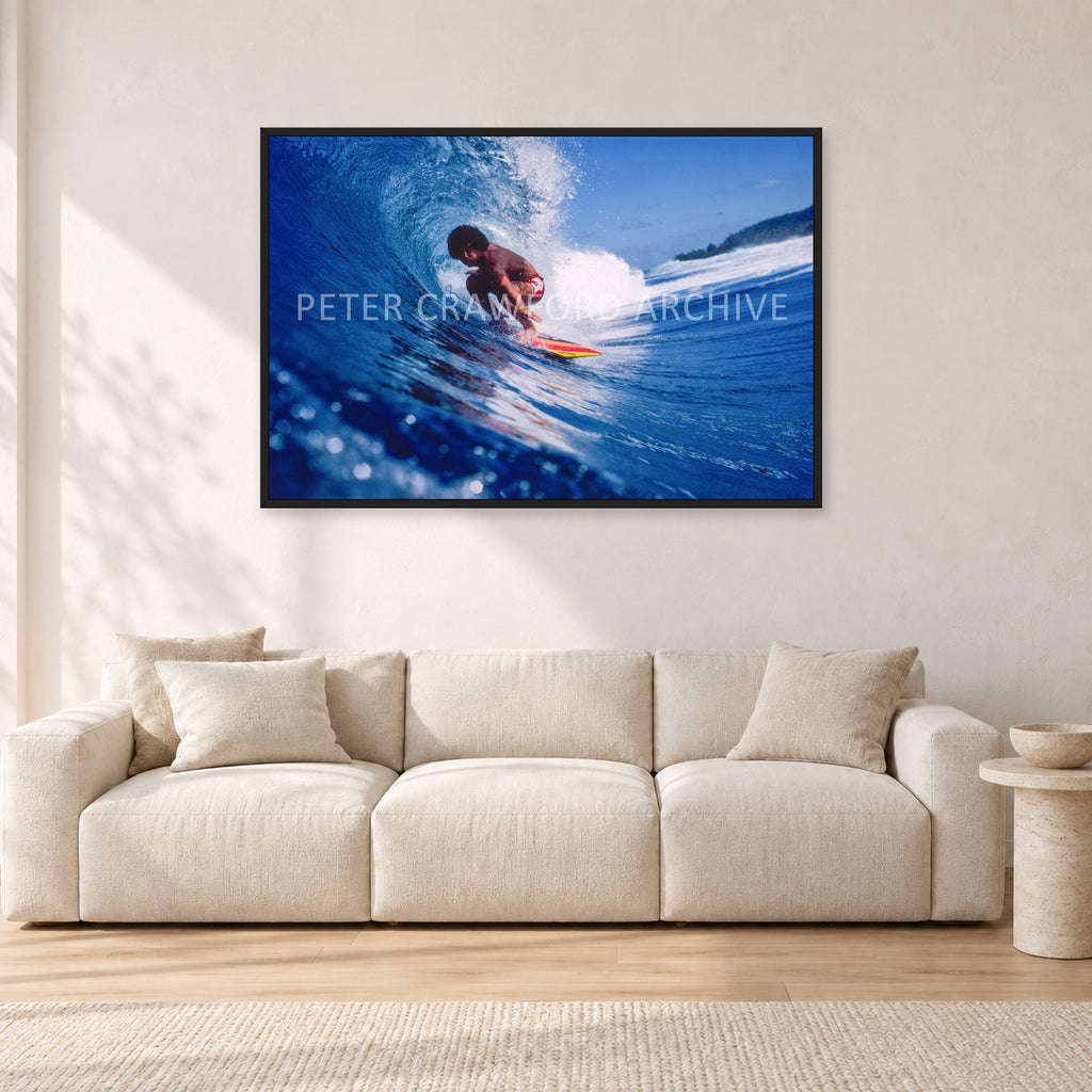 Larry Bertlemann, Off The Wall by Peter Crawford — 120 × 80 cm, black frame, shown in a light minimalist living room.