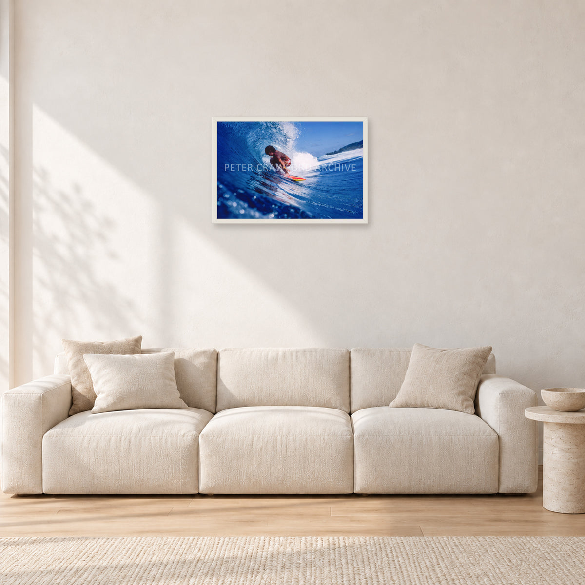 Larry Bertlemann, Off The Wall by Peter Crawford — 60 × 40 cm, white frame, shown in a light minimalist living room.