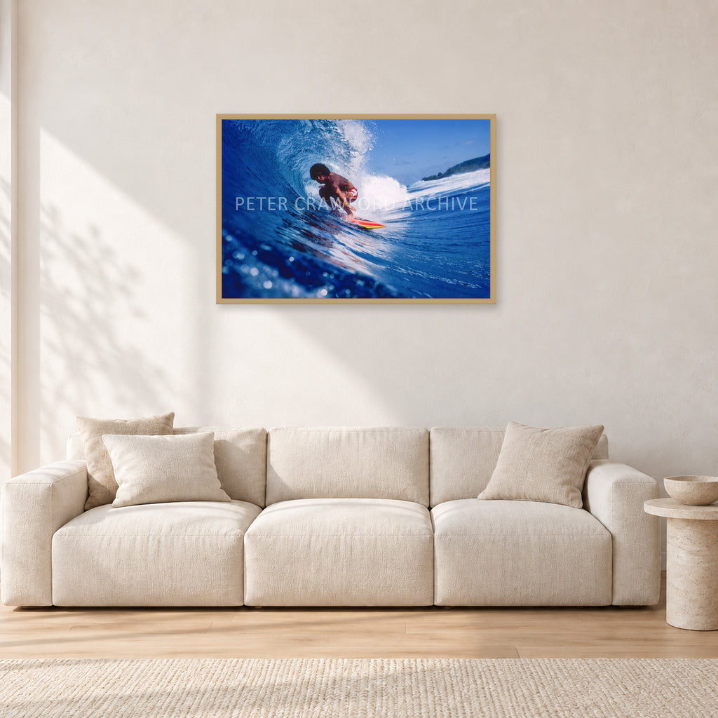 Larry Bertlemann, Off The Wall by Peter Crawford — 90 × 60 cm, hayseed frame, shown in a light minimalist living room.