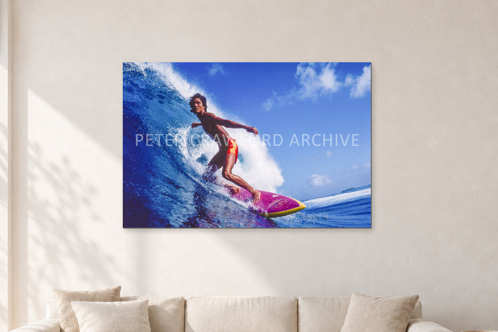 Louis Ferreira, 1978 by Peter Crawford — 120 × 80 cm, aluminium-mounted resin print, shown in a light minimalist living room.