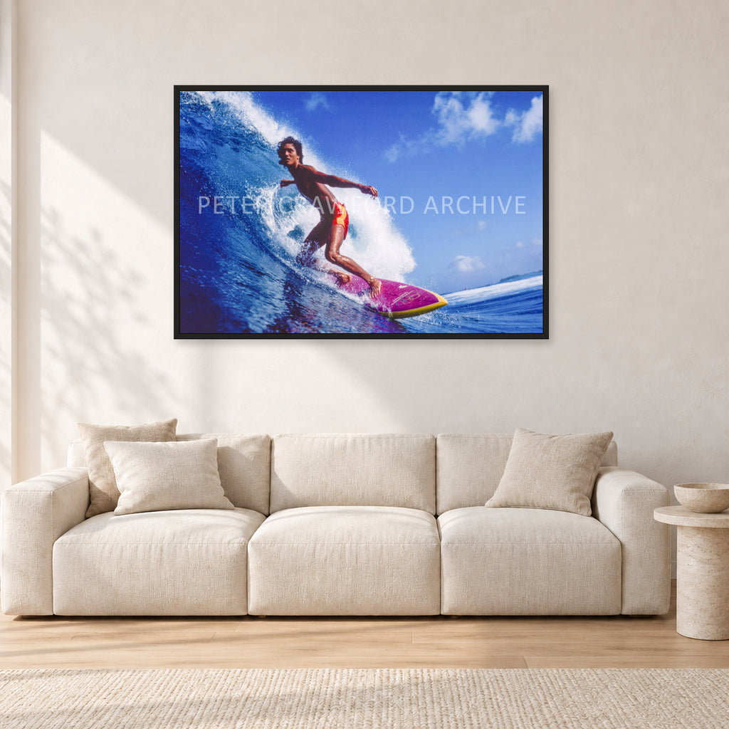 Louis Ferreira, 1978 by Peter Crawford — 120 × 80 cm, black frame, shown in a light minimalist living room.