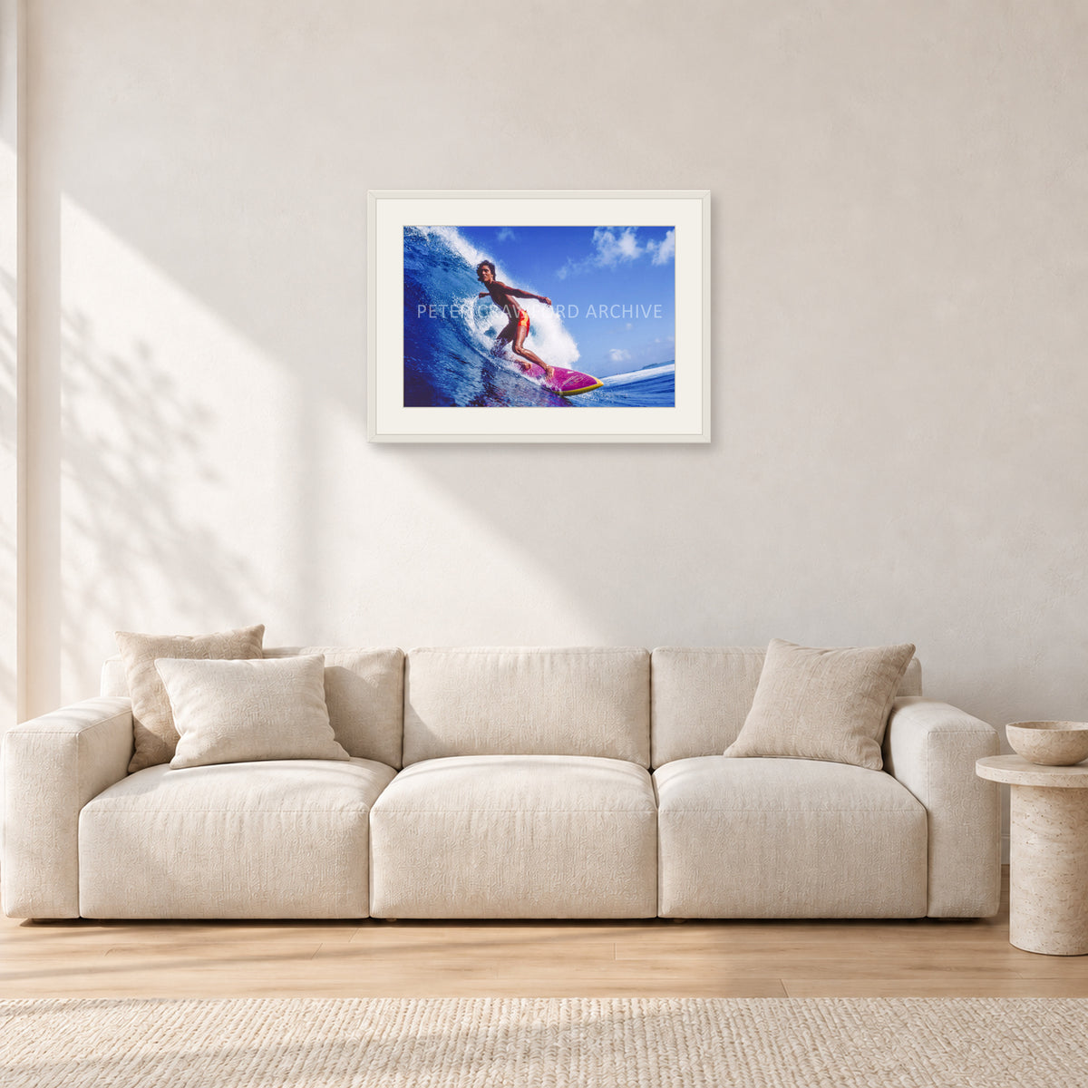 Louis Ferreira, 1978 by Peter Crawford — 60 × 40 cm, white frame with white mat, shown in a light minimalist living room.