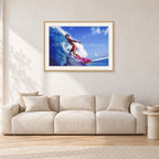 Louis Ferreira, 1978 by Peter Crawford — 90 × 60 cm, hayseed frame with white mat, shown in a light minimalist living room.