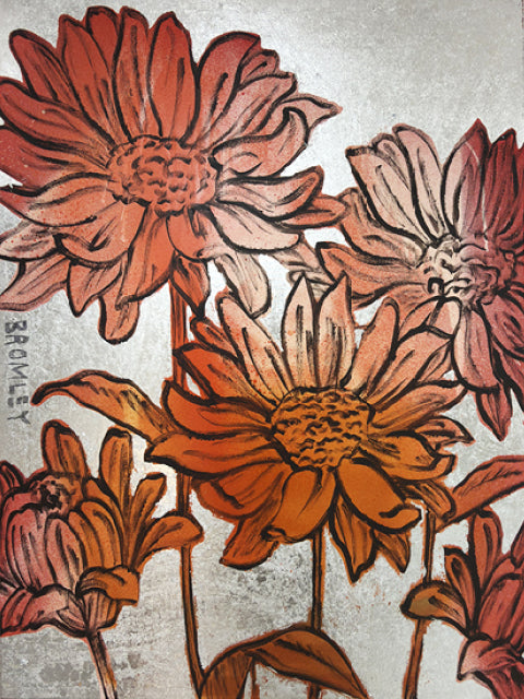 Magnolias Silver Leaf by David Bromley: pink and orange magnolias against a silver-toned background.