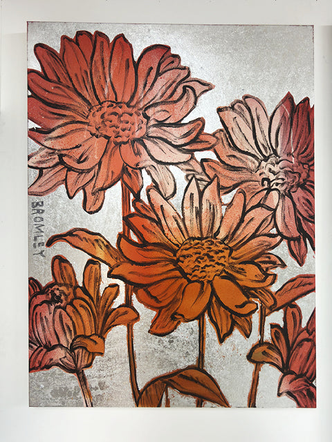 Magnolias Silver Leaf by David Bromley: pink and orange magnolias against a silver-toned background — gallery view.
