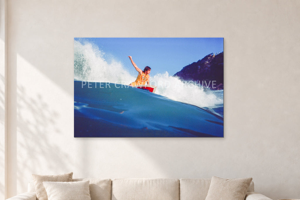 Mark Richards, Bells Beach 1979 by Peter Crawford — 120 × 80 cm, aluminium-mounted resin print, shown in a light minimalist living room.