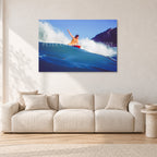 Mark Richards, Bells Beach 1979 by Peter Crawford — 120 × 80 cm, aluminium-mounted resin print, shown in a light minimalist living room.