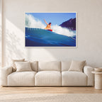 Mark Richards, Bells Beach 1979 by Peter Crawford — 120 × 80 cm, white frame, shown in a light minimalist living room.