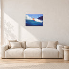 Mark Richards, Bells Beach 1979 by Peter Crawford — 60 × 40 cm, aluminium-mounted resin print, shown in a light minimalist living room.