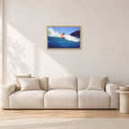 Mark Richards, Bells Beach 1979 by Peter Crawford — 60 × 40 cm, hayseed frame, shown in a light minimalist living room.