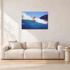 Mark Richards, Bells Beach 1979 by Peter Crawford — 90 × 60 cm, aluminium-mounted resin print, shown in a light minimalist living room.