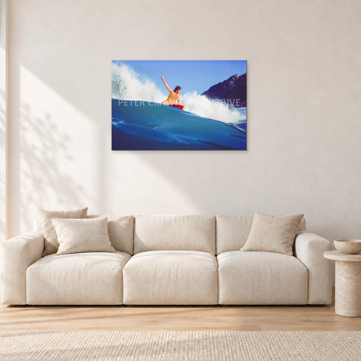 Mark Richards, Bells Beach 1979 by Peter Crawford — 90 × 60 cm, aluminium-mounted resin print, shown in a light minimalist living room.