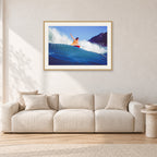 Mark Richards, Bells Beach 1979 by Peter Crawford — 90 × 60 cm, hayseed frame with white mat, shown in a light minimalist living room.