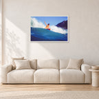 Mark Richards, Bells Beach 1979 by Peter Crawford — 90 × 60 cm, white frame, shown in a light minimalist living room.