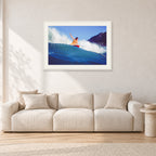 Mark Richards, Bells Beach 1979 by Peter Crawford — 90 × 60 cm, white frame with white mat, shown in a light minimalist living room.