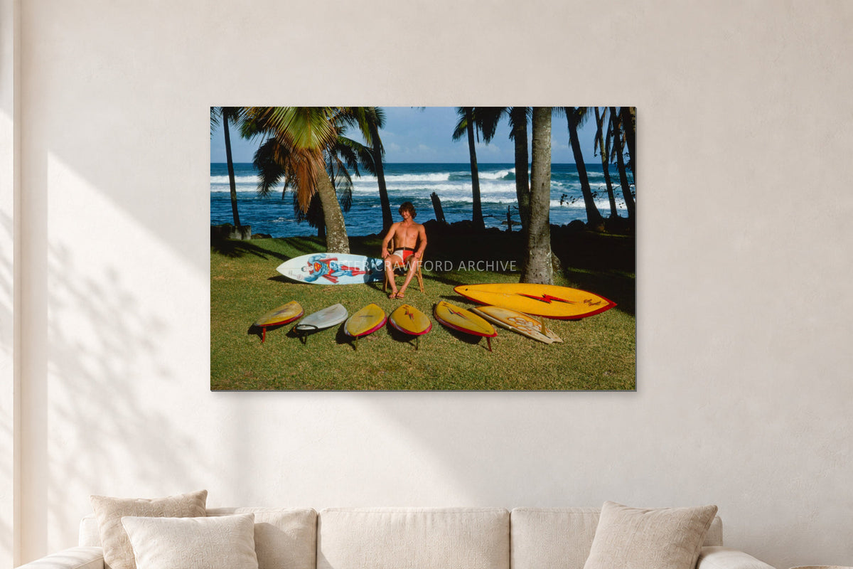 Mark Richards Hawaiian Quiver, North Shore 1976 by Peter Crawford — 120 × 80 cm, aluminium-mounted resin print, shown in a light minimalist living room.