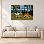 Mark Richards Hawaiian Quiver, North Shore 1976 by Peter Crawford — 120 × 80 cm, aluminium-mounted resin print, shown in a light minimalist living room.