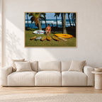 Mark Richards Hawaiian Quiver, North Shore 1976 by Peter Crawford — 120 × 80 cm, hayseed frame, shown in a light minimalist living room.
