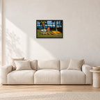 Mark Richards Hawaiian Quiver, North Shore 1976 by Peter Crawford — 60 × 40 cm, black frame, shown in a light minimalist living room.