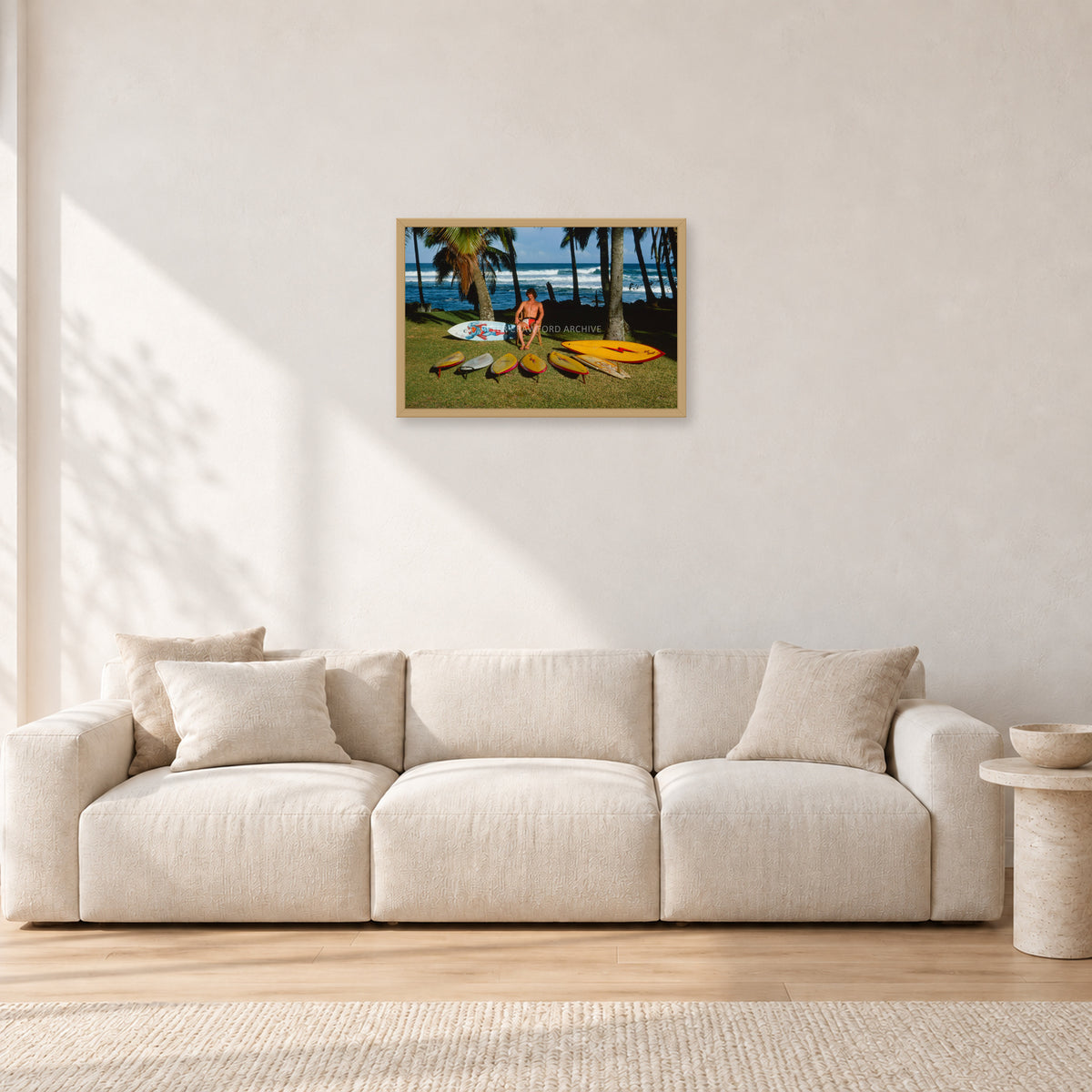 Mark Richards Hawaiian Quiver, North Shore 1976 by Peter Crawford — 60 × 40 cm, hayseed frame, shown in a light minimalist living room.