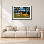 Mark Richards Hawaiian Quiver, North Shore 1976 by Peter Crawford — 90 × 60 cm, black frame with white mat, shown in a light minimalist living room.