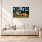 Mark Richards Hawaiian Quiver, North Shore 1976 by Peter Crawford — 90 × 60 cm, hayseed frame, shown in a light minimalist living room.