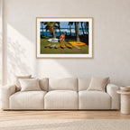 Mark Richards Hawaiian Quiver, North Shore 1976 by Peter Crawford — 90 × 60 cm, hayseed frame with white mat, shown in a light minimalist living room.