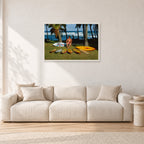 Mark Richards Hawaiian Quiver, North Shore 1976 by Peter Crawford — 90 × 60 cm, white frame, shown in a light minimalist living room.