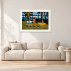 Mark Richards Hawaiian Quiver, North Shore 1976 by Peter Crawford — 90 × 60 cm, white frame with white mat, shown in a light minimalist living room.