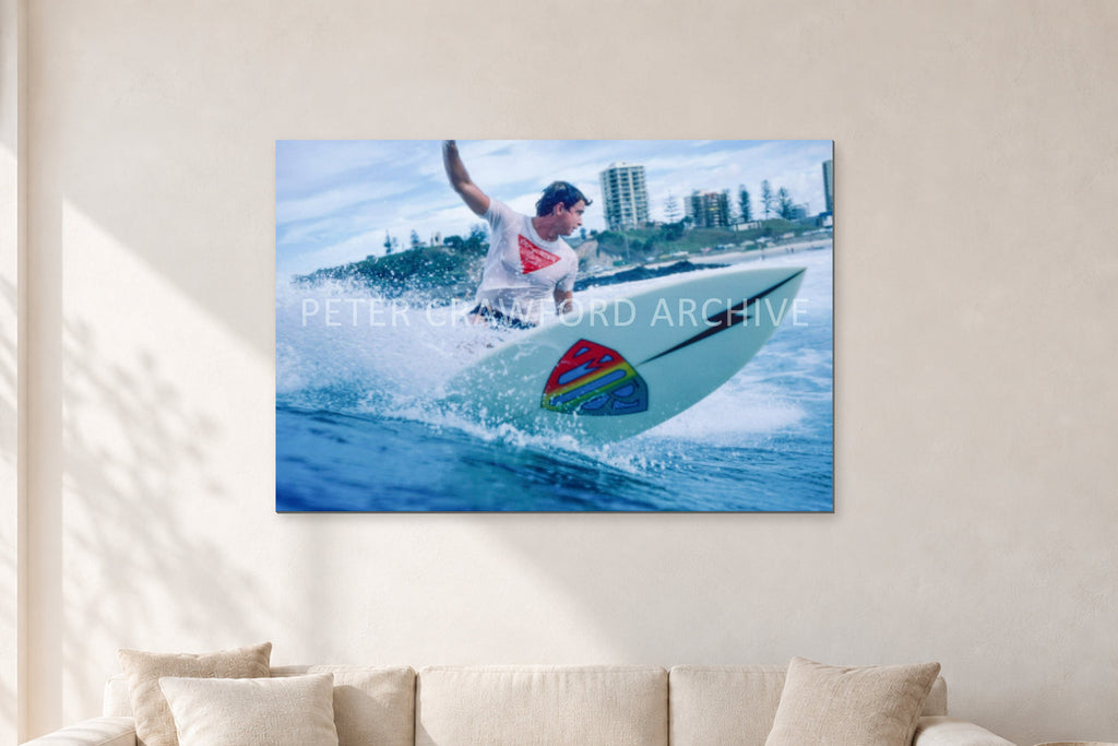 Mark Richards, Snapper Rocks by Peter Crawford — 120 × 80 cm, aluminium-mounted resin print, shown in a light minimalist living room.