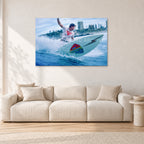 Mark Richards, Snapper Rocks by Peter Crawford — 120 × 80 cm, aluminium-mounted resin print, shown in a light minimalist living room.