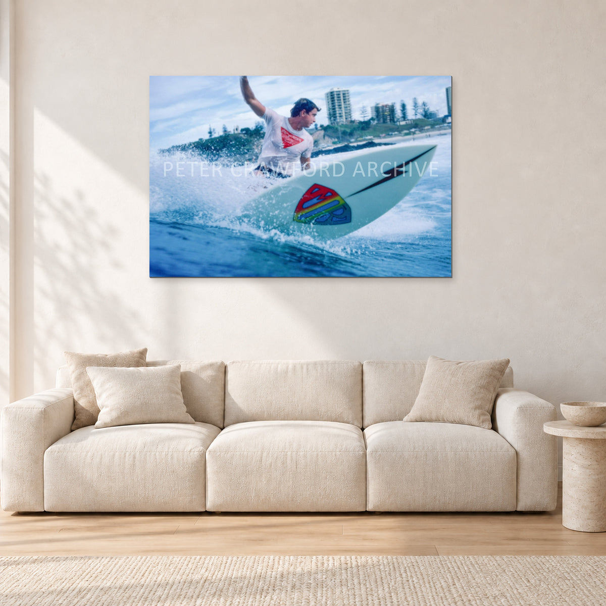 Mark Richards, Snapper Rocks by Peter Crawford — 120 × 80 cm, aluminium-mounted resin print, shown in a light minimalist living room.