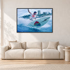 Mark Richards, Snapper Rocks by Peter Crawford — 120 × 80 cm, black frame, shown in a light minimalist living room.