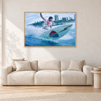 Mark Richards, Snapper Rocks by Peter Crawford — 120 × 80 cm, hayseed frame, shown in a light minimalist living room.