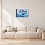 Mark Richards, Snapper Rocks by Peter Crawford — 60 × 40 cm, black frame, shown in a light minimalist living room.