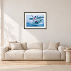 Mark Richards, Snapper Rocks by Peter Crawford — 60 × 40 cm, black frame with white mat, shown in a light minimalist living room.
