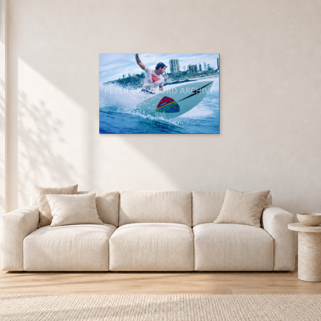 Mark Richards, Snapper Rocks by Peter Crawford — 90 × 60 cm, aluminium-mounted resin print, shown in a light minimalist living room.