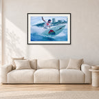 Mark Richards, Snapper Rocks by Peter Crawford — 90 × 60 cm, black frame with white mat, shown in a light minimalist living room.