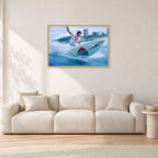 Mark Richards, Snapper Rocks by Peter Crawford — 90 × 60 cm, hayseed frame, shown in a light minimalist living room.