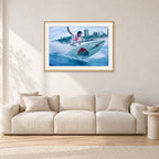 Mark Richards, Snapper Rocks by Peter Crawford — 90 × 60 cm, hayseed frame with white mat, shown in a light minimalist living room.