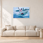 Mark Richards, Snapper Rocks by Peter Crawford — 90 × 60 cm, white frame, shown in a light minimalist living room.