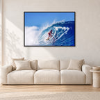 Marvin Foster, Pipeline 1987 by Peter Crawford — 120 × 80 cm, black frame, shown in a light minimalist living room.